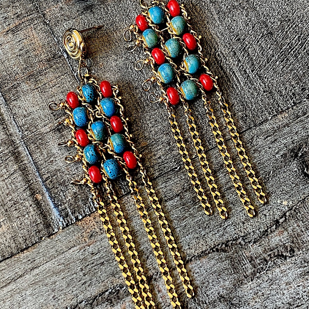 NEW Ceramic Beaded Gold Tassel Earrings - Picture 5 of 13